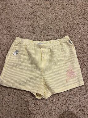 Rae Dunn Yellow Striped Shorts with Pink Embroidery